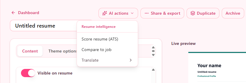 TapCV resume AI actions menu with ATS score, compare to job, and translate