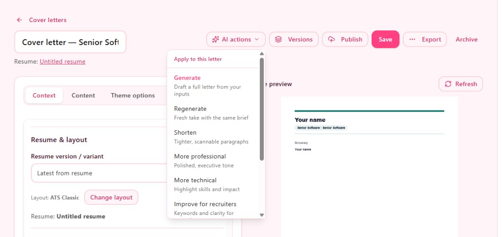 TapCV cover letter AI actions with generate, shorten, and tone options