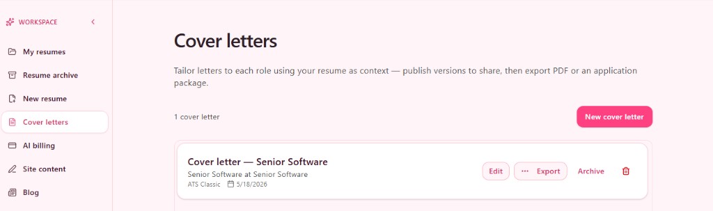 TapCV cover letters list with edit, export, and archive actions