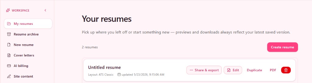 TapCV dashboard listing resumes with export and edit actions