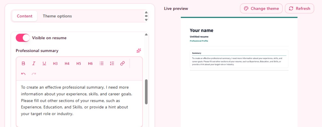 TapCV resume editor with rich text formatting and live preview