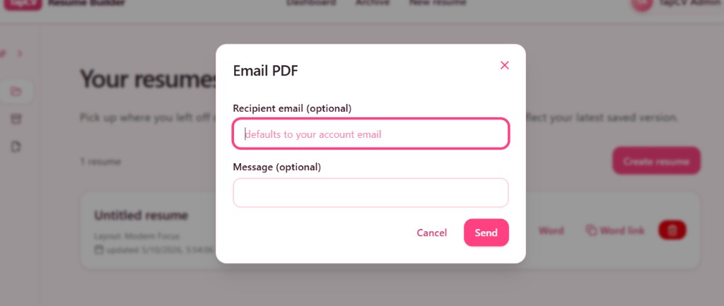 TapCV Email PDF dialog with recipient email and optional message