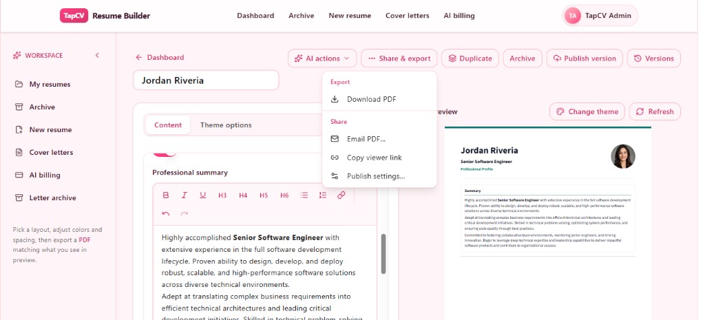 TapCV Share and export menu with download PDF, email PDF, and copy viewer link options