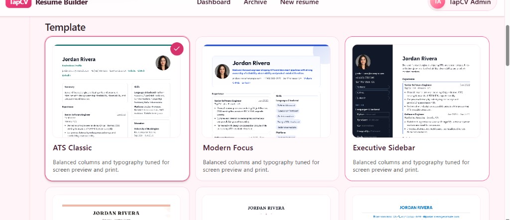TapCV template picker showing ATS Classic, Modern Focus, Executive Sidebar, and more